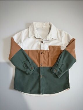 SHEIN kids Colorblock Button-Down Shirt Jacket in White, Brown, Green